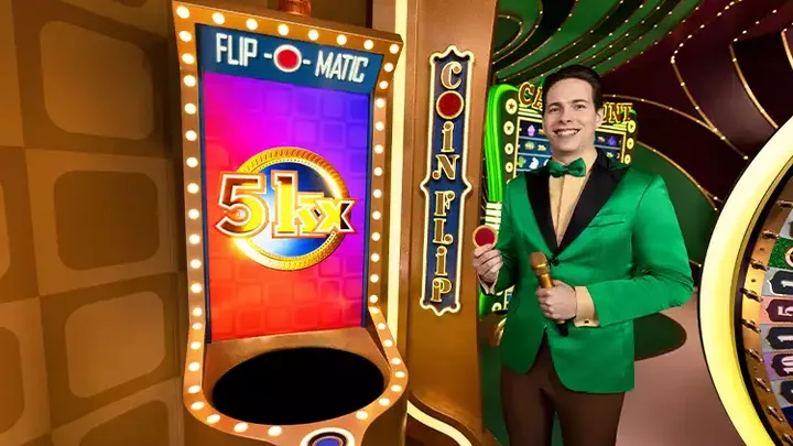 crazytime Coin Flip: red and blue coin sides with multipliers shown before the host flips