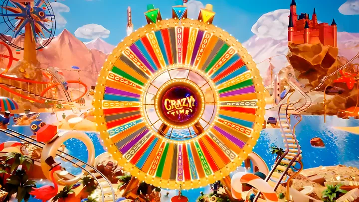 crazytime bonus round wheel with three flappers Blue Green Yellow over a multiplier ring with DOUBLE and TRIPLE segments